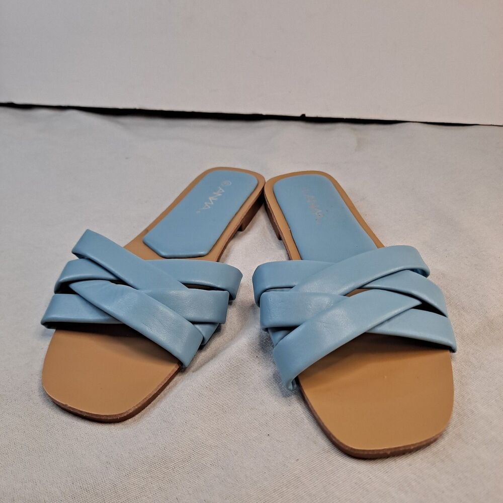 Anna Infa-1 PU-Leather Light Blue Slides Womens Sz 7.5 Multi-strap Sandals